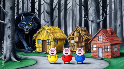 Illustration of a children's story about three little pigs building a house and a wolf.