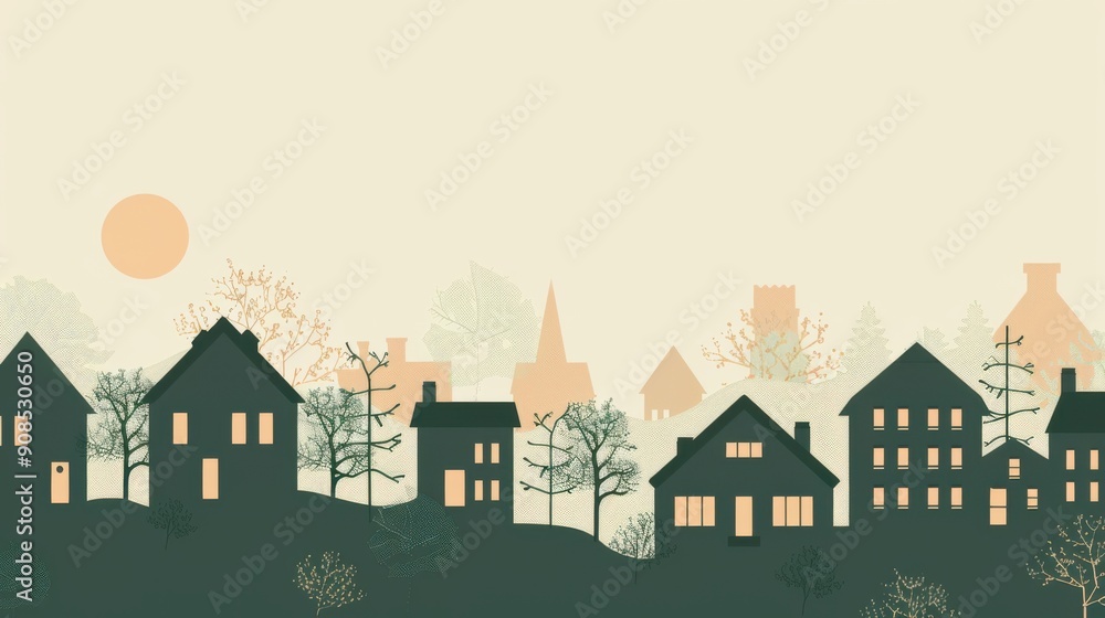 Minimalism illustration, silhouette of a suburban area with houses and gardens, flat illustration on soft cream background, empty copy space. Minimalism illustration, silhouette of a suburban area with houses and gardens, flat illustration on soft cream background, empty copy space.