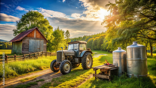 Rustic tractor parked in a rural setting, fuel nozzle inserted, refueling from a metal can, surrounded by lush greenery and a sunny sky. photo