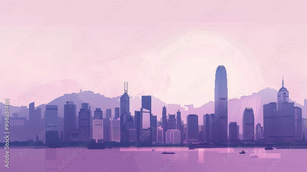 Fototapeta premium Minimalism illustration, silhouette of the Hong Kong skyline with Victoria Peak and high-rise buildings, flat illustration on pale lavender background, empty copy space, lofi style illustration