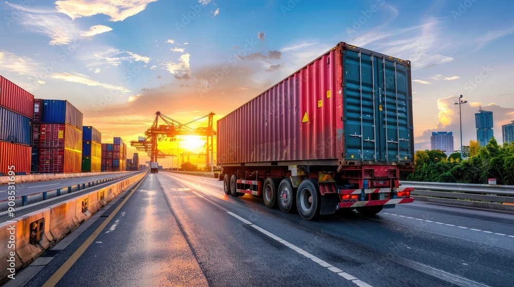 Fototapeta premium Container Truck Driving on Highway at Sunset