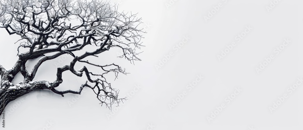 Obraz premium Strange winter tree with twisted, bare branches and a subtle layer of frost, sunlight filtering through