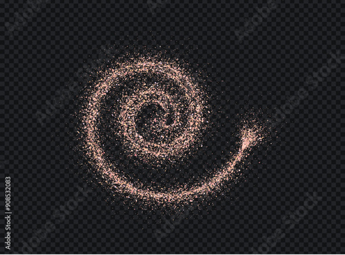 Salt or sugar crystal powder, flying dust particles. Pink dust grain texture isolated on dark background. Crushed granules of himalayan salt, sand in spiral form. Vector illustration of spilled powder