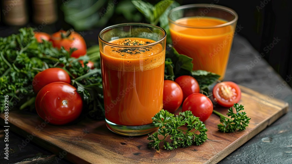 Tomato juice with parsley and tomatoes on a dark background Tomato juice with parsley and tomatoes on a dark background