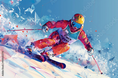 Dynamic Olympic Skiing Adventure Featuring Polygonal Triangles in Vivid Colors