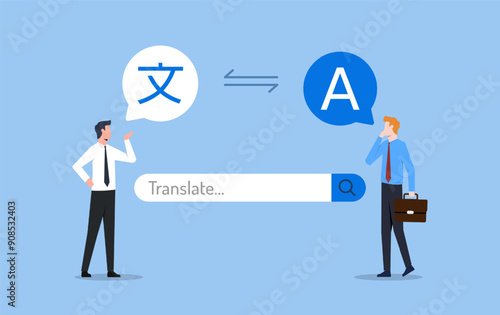 Two businessmen are communicating with machine translation application or internet technology. Translate languages to connect diverse languages of the world
