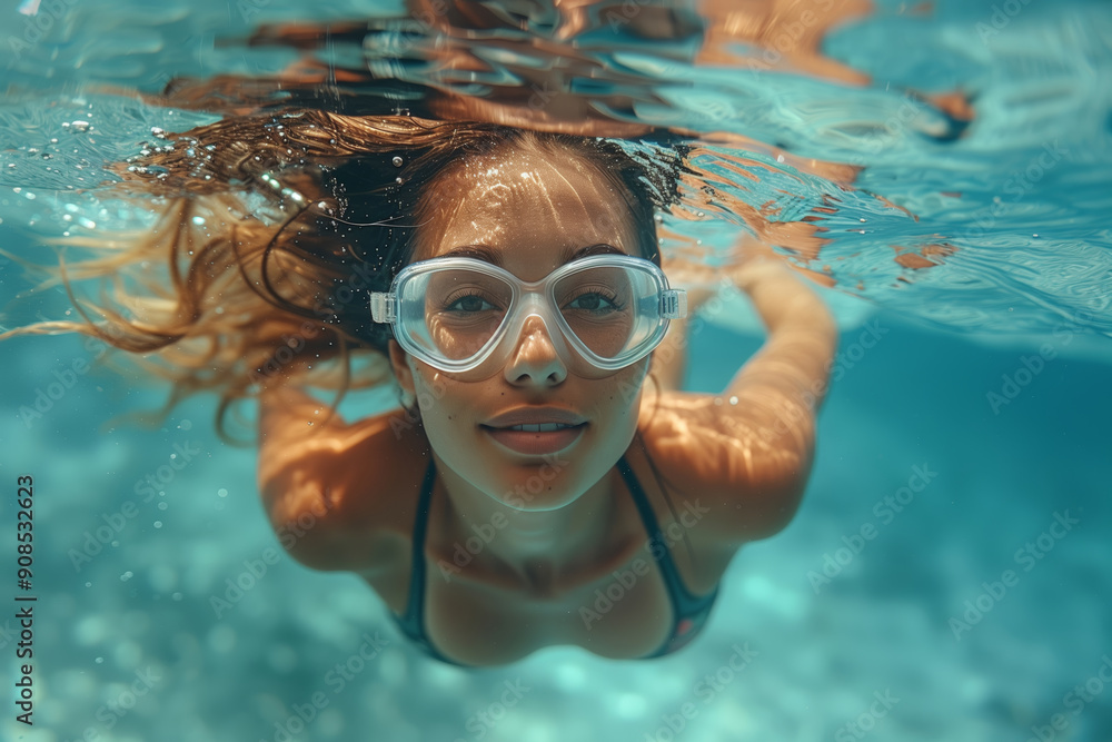 Naklejka premium Captivating Moment of a Female Swimmer Leaping Gracefully Into Crystal Clear Waters
