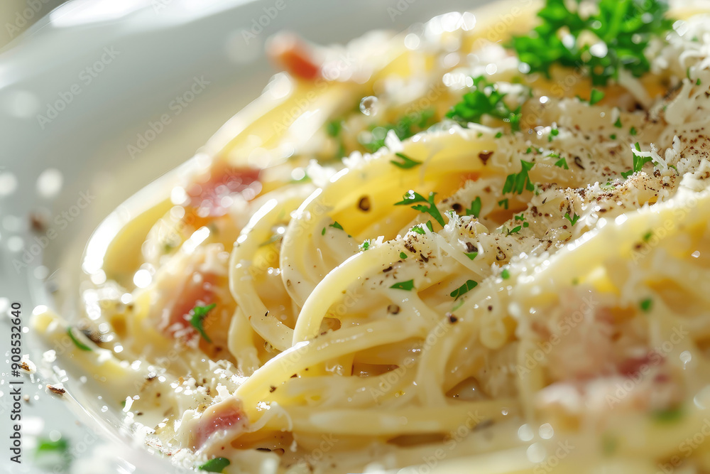 Close-up image of a single dish of Spaghetti Carbonara, Italian cuisine, detailed textures, stock photo style Close-up image of a single dish of Spaghetti Carbonara, Italian cuisine, detailed textures, stock photo style