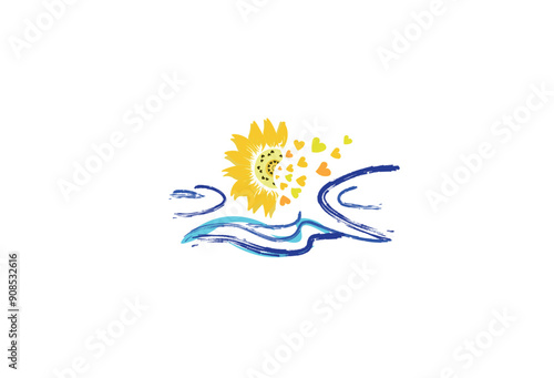 Sun sea wave logo, vintage summer symbol, retro wild nature marine concept design. Sun sea wave logo, vintage summer symbol and retro wild nature marine concept design in white background. 
