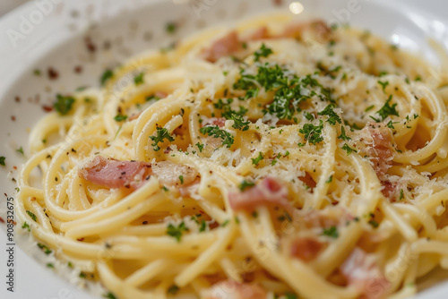 Close-up image of a single dish of Spaghetti Carbonara, Italian cuisine, detailed textures, stock photo style