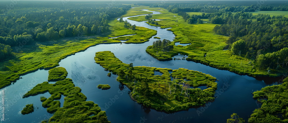 Aerial wide view over North America, Serene river meanders through lush green valley, mirroring mountains in tranquil waters under a vast blue sky Aerial wide view over North America, Serene river meanders through lush green valley, mirroring mountains in tranquil waters under a vast blue sky