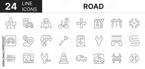 Collection of 24 road line icons featuring editable strokes. These outline icons depict various modes of road, roadhighwayroute, iconset, line, carsigns, street, intersection, 