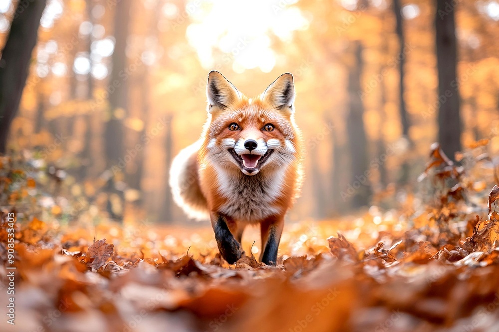 A cheerful fox walks through an autumn forest, surrounded by colorful leaves and warm sunlight. Nature's beauty captured perfectly. A cheerful fox walks through an autumn forest, surrounded by colorful leaves and warm sunlight. Nature's beauty captured perfectly.