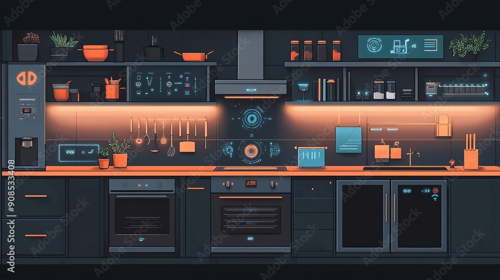 Modern Smart Kitchen with Futuristic Interface. Modern Smart Kitchen with Futuristic Interface.