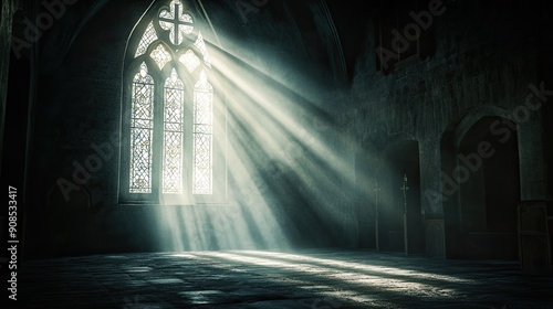 Dark church interior with sun rays illuminating through a crucifix-patterned glass window. A 3D render showcasing spiritual and serene ambiance.