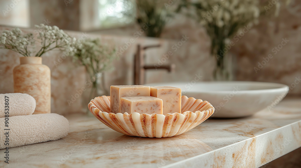 A telephoto angle photo of a luxurious rapan shell soap dish holding handmade soap bars, placed in an elegant bathroom setting, with copy space A telephoto angle photo of a luxurious rapan shell soap dish holding handmade soap bars, placed in an elegant bathroom setting, with copy space