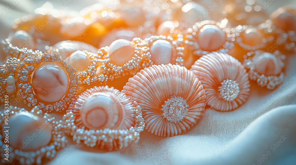 A telephoto angle photo of rapan shell jewelry, including necklaces and bracelets, displayed on a soft fabric background, showcasing their unique and delicate designs, with copy sp A telephoto angle photo of rapan shell jewelry, including necklaces and bracelets, displayed on a soft fabric background, showcasing their unique and delicate designs, with copy sp