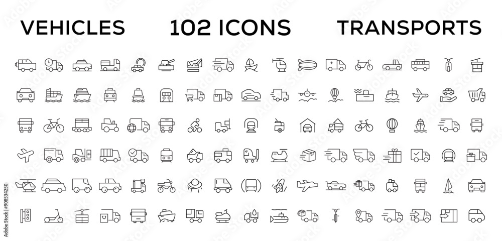 Travel and Transport line icon set. Containing car, bike, plane, train, bicycle, motorbike, bus and scooter icons. Transportation Simple line icon collections Travel and Transport line icon set. Containing car, bike, plane, train, bicycle, motorbike, bus and scooter icons. Transportation Simple line icon collections