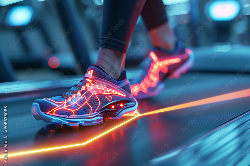 Obraz premium Dynamic Stride of an Athlete on a High-Tech Treadmill During an Evening Workout Session