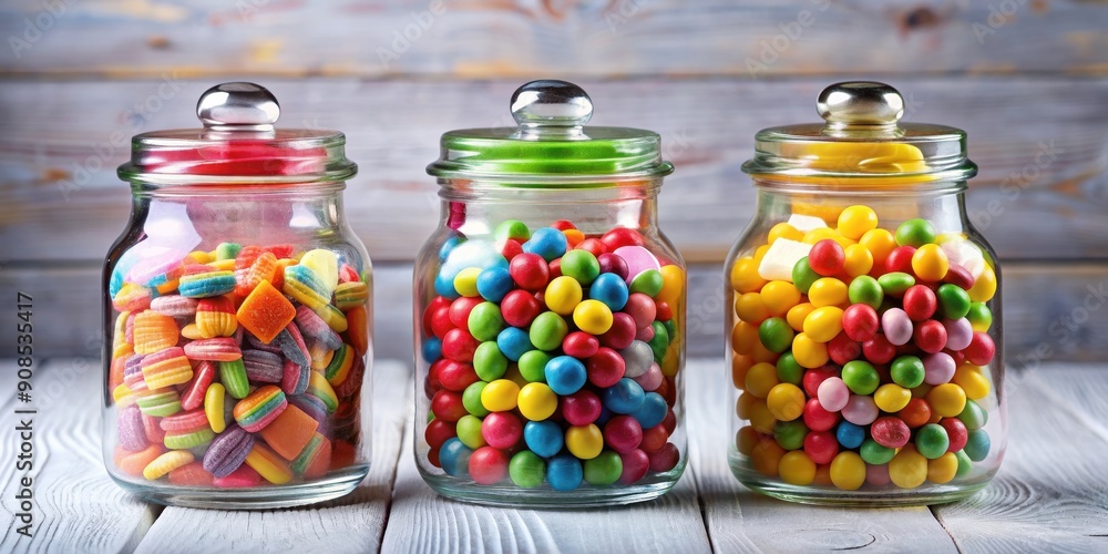 Three glass jars filled with colorful candies, glass, jars, candies, colorful, sweets, treats,containers, storage Three glass jars filled with colorful candies, glass, jars, candies, colorful, sweets, treats,containers, storage