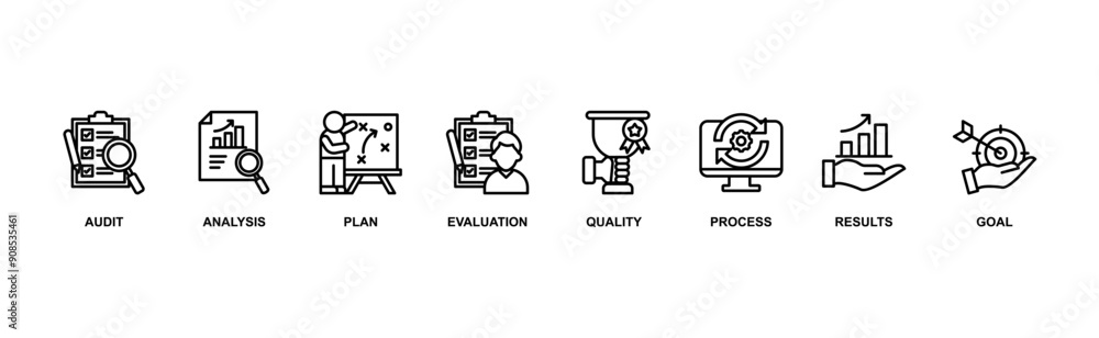 Assessment banner web icon vector illustration for accreditation and evaluation method on business and education with audit, analysis, plan, evaluation, quality,process,results and goal icon Assessment banner web icon vector illustration for accreditation and evaluation method on business and education with audit, analysis, plan, evaluation, quality,process,results and goal icon