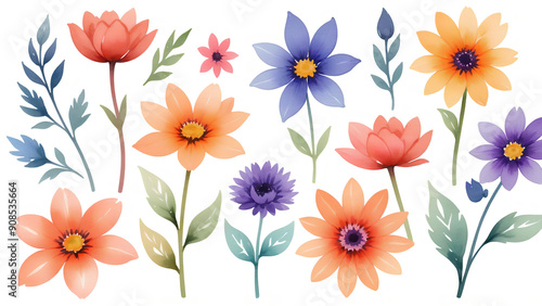 colorful flowers in water color isolated on background