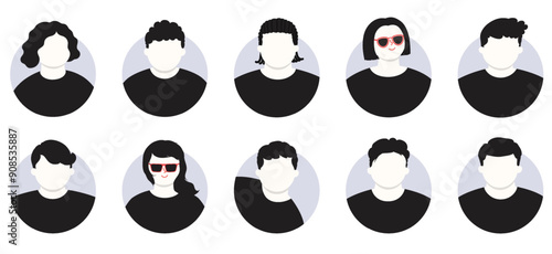 Round pictogram male and female user avatars. Social media account profile head icons.