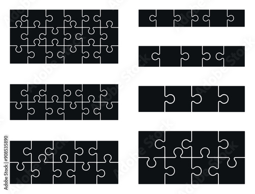 Puzzle pieces of 6, 5, 4, 8x2, 10x2, 12x2, 18x3 isolated  on white background. Jigsaw puzzle game vector template.