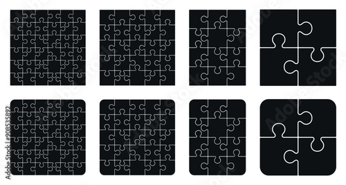 Puzzle pieces square 4x4, 5x5, 6x6, 3x4, isolated on white background. Jigsaw puzzle game vector template with right angles, rounded.