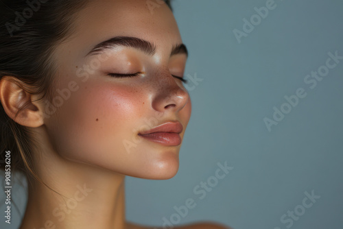 A close up of a girl's face with her eyes closed