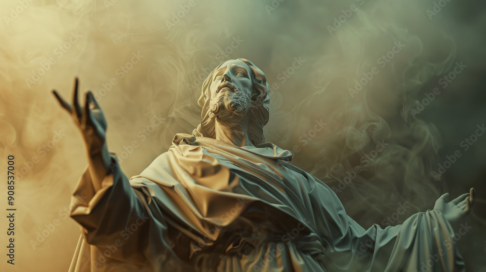 Obraz premium A realistic sculpture of Jesus Christ, arms raised, wearing traditional robes with detailed folds, standing on a cloud