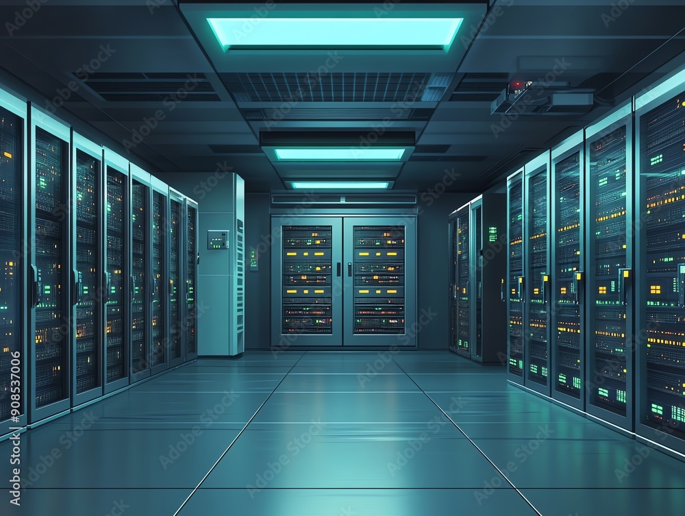 Server Room with Rows of Servers and Blue Lights. Server Room with Rows of Servers and Blue Lights.