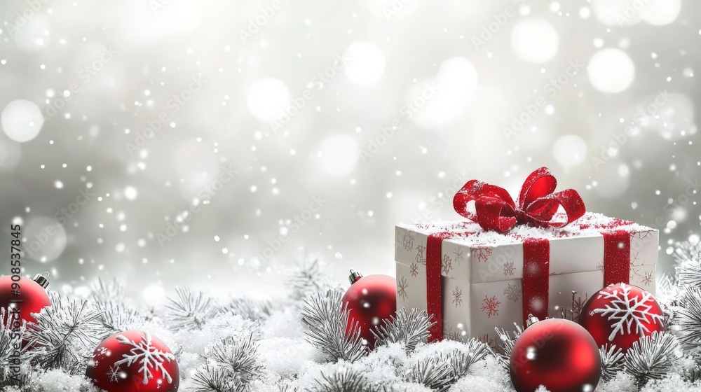 christmas background featuring a wrapped gift box and xmas ornaments christmas background featuring a wrapped gift box and xmas ornaments