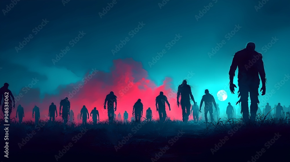 Haunting Horde of Undead Silhouettes Advancing Through the Ominous Gloomy Landscape at Night Haunting Horde of Undead Silhouettes Advancing Through the Ominous Gloomy Landscape at Night