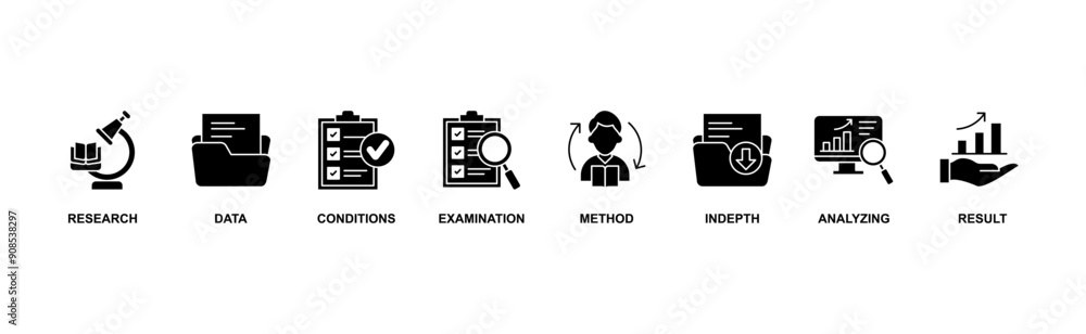 Case study web banner icon vector illustration concept consists of research, data, conditions, examination, method, in depth, analyzing, and result icon live stroke and easy to edit Case study web banner icon vector illustration concept consists of research, data, conditions, examination, method, in depth, analyzing, and result icon live stroke and easy to edit