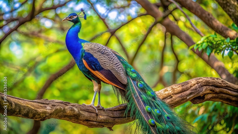 Naklejka premium Beautiful blue peacock perched on a tree branch , intricate, detailed, graceful, majestic, vibrant, feathers, wildlife, bird