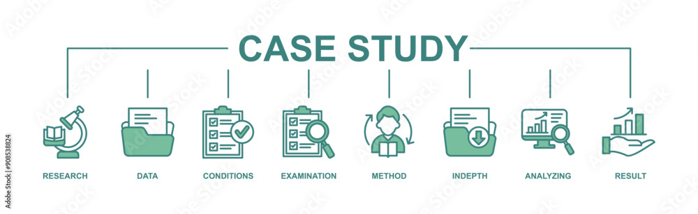 Case study web banner icon vector illustration concept consists of research, data, conditions, examination, method, in depth, analyzing, and result icon live stroke and easy to edit Case study web banner icon vector illustration concept consists of research, data, conditions, examination, method, in depth, analyzing, and result icon live stroke and easy to edit