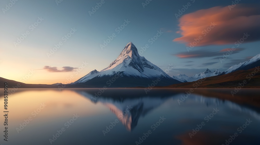 Fototapeta premium Majestic Snowy Mountain Peak Reflected in Serene Alpine Lake at Sunset