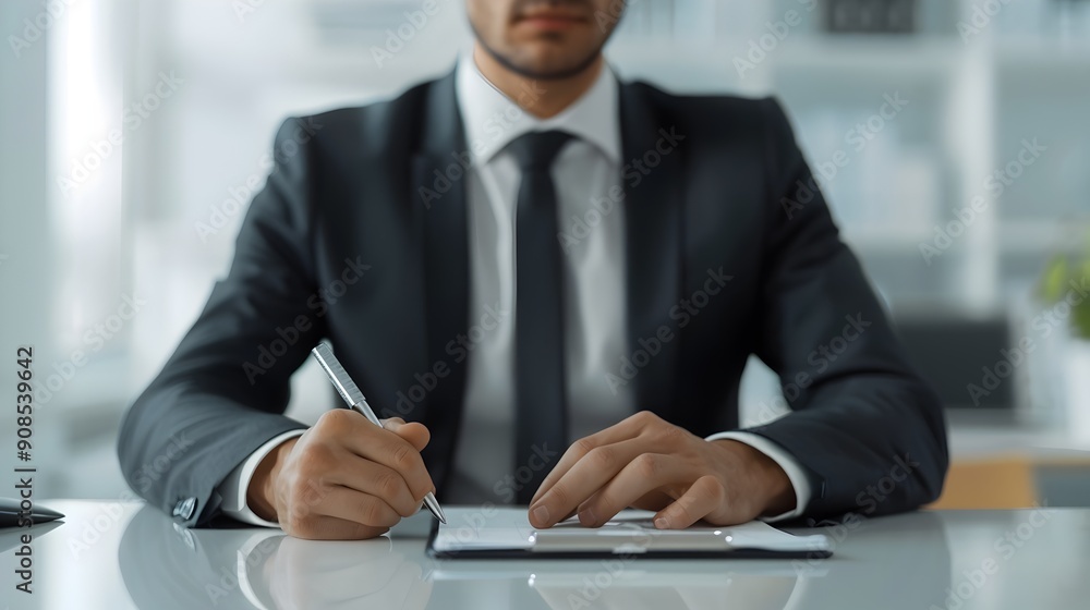 Focused Businessman Writing and Working at Office Desk Focused Businessman Writing and Working at Office Desk