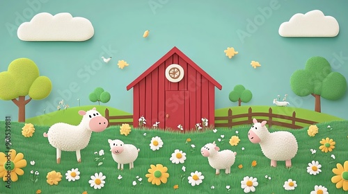 Cute cartoon sheep in a farm setting.