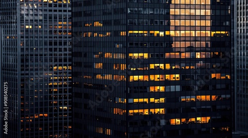 Modern office building at dusk with illuminated windows reflecting an urban skyline and vibrant evening colors.