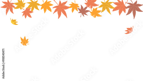 Maple leaves, background frame of leaves falling in the wind, cute hand drawn illustration / モミジの葉、風に吹かれて落ちる葉の背景フレーム、かわいい手描きイラスト