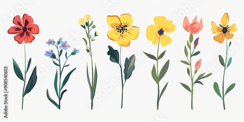 Collection of 2D and 3D Vector Flat Abstract Minimalistic Art of Flowers and Meadow Isolated on a White Background