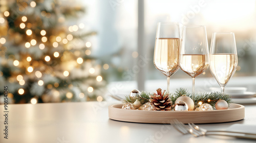 Home, dinner room, long tablein front of Christmas tree, round wooden tray with Christmas decorations, bright light, daytime, long view, clean. photo