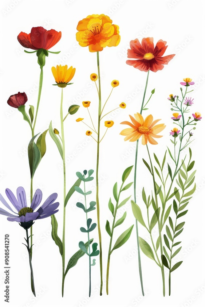 Fototapeta premium Collection of 2D and 3D Vector Flat Abstract Minimalistic Art of Flowers and Meadow Isolated on a White Background