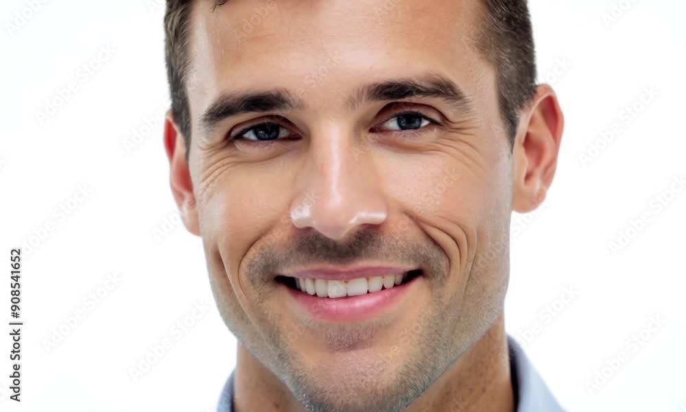 Video portrait of a smiling man with short hair and light stubble, looking directly into the camera Video portrait of a smiling man with short hair and light stubble, looking directly into the camera