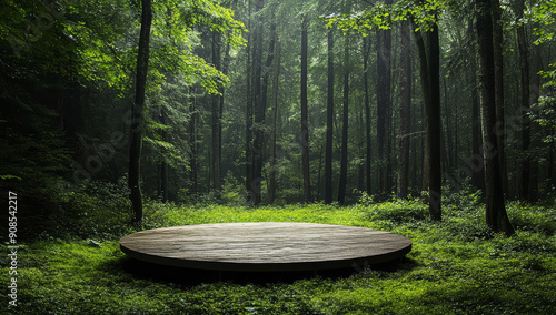 A serene forest clearing with a minimalist circular wooden platform in the center, surrounded by lush greenery and tall trees