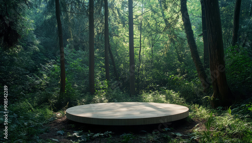 A serene forest clearing with a minimalist circular wooden platform in the center, surrounded by lush greenery and tall trees