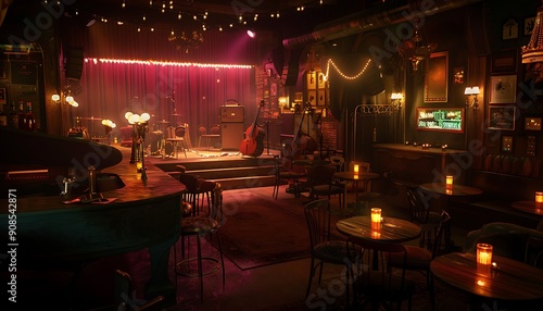 A cozy jazz bar with dim lighting, vintage decor, and a stage for live performances, creating an intimate and relaxing atmosphere.