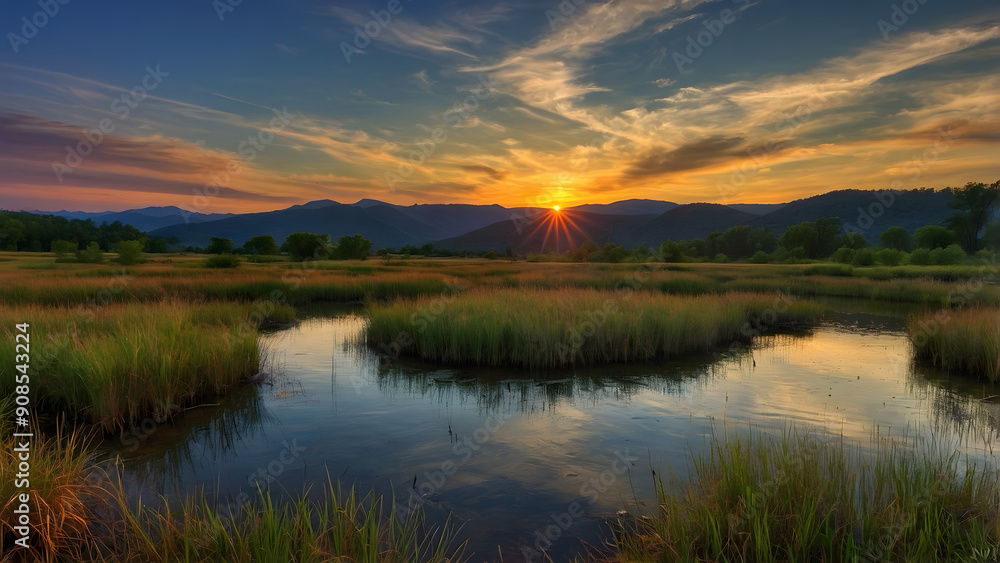 Fototapeta premium A beautiful sunrise landscape with a tranquil lake